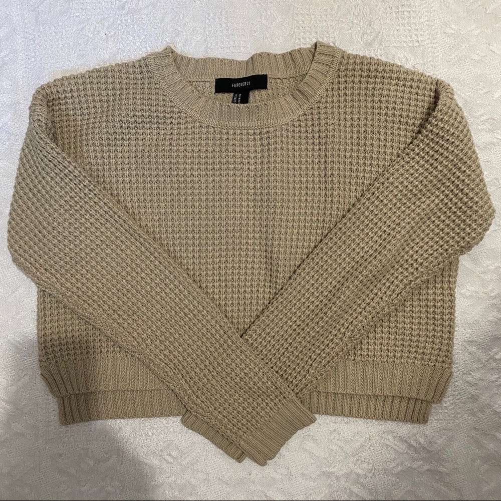 forever 21 cropped cream tan waffle knit sweater